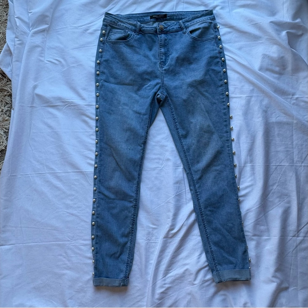 Romeo & Juliet Couture | Pearl-Studded Denim Skinny Jeans